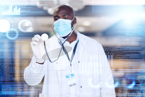 Image of Doctor, man and stethoscope in hand with overlay, hologram and listen with big data analysis, graph and futuristic lab. African medic, medical research and holographic display with covid mask at job