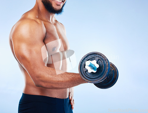 Image of Black man, fitness and weightlifting with dumbbell, biceps and muscle training with endurance on blue background. Health, strong and power with challenge, male flexing arms and bodybuilder in studio