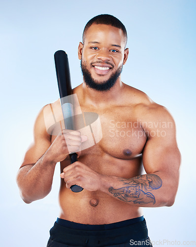 Image of Baseball player, black man and studio portrait with smile, shirtless and happy for sports by blue background. Young fitness expert, body wellness and bat in hands for development, sport and workout