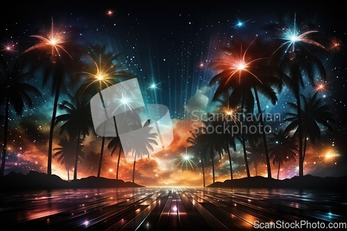 Image of Palm trees with colorful lights