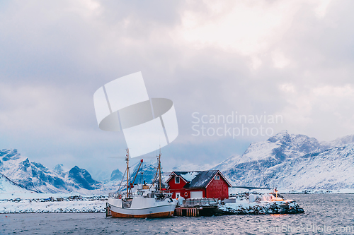 Image of Traditional Norwegian fisherman's cabins and boats