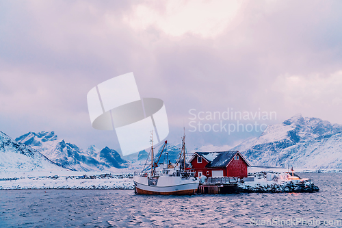 Image of Traditional Norwegian fisherman's cabins and boats