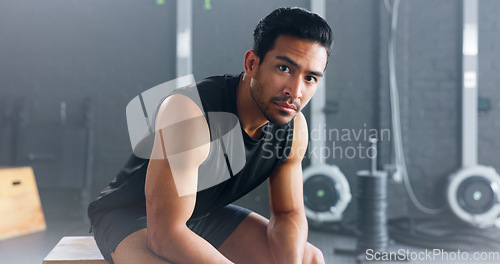 Image of Portrait of man, fitness and healthy gym sports muscle training athlete. Young calm Asian male, wellness exercise workout motivation and bodybuilder vision relax in lifestyle health club studio