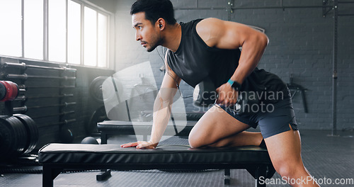 Image of Dumbbell row, fitness and man in a gym strength training, bodybuilding exercise and powerful workout. Healthy, motivation and strong bodybuilder athlete rowing with heavy weights for strong arms