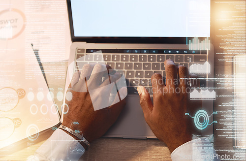 Image of Digital, chart and laptop with hands of black man in office for overlay, planning and data graphics mockup. Research, planning and business with male typing for internet, strategy and technology