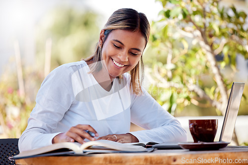 Image of Woman writing notes, student and education with smile, study and academic course, learning and university. Female at outdoor cafe, notebook and pen with scholarship and research for school project