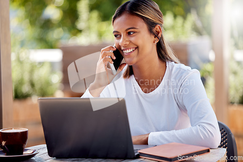 Image of Study, phone call and laptop with Indian woman at cafe for remote learning, communication and online exam. Contact, technology and college with student at coffee shop for education, project or school