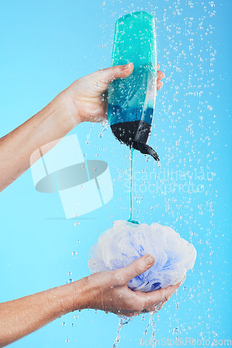 Image of Skincare, product and hands with loofah and shower gel of person washing isolated in a studio blue background. Self care, beauty and person or model using soap and sponge for morning routine