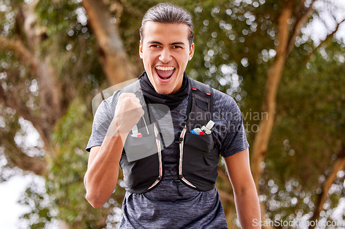 Image of Fitness, man and portrait smile in celebration for winning, achievement or accomplishment in nature. Happy and excited active male smiling for hiking, workout or exercise success for victory or win