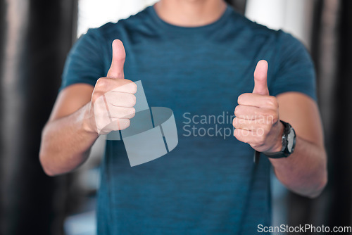 Image of Fitness, thumbs up and hands in gym for success, motivation and workout. Training, emoji and man or male athlete with hand gesture for yes, like or approval, agreement or ok, exercise goals or target