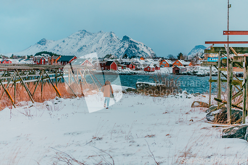 Image of Traditional Norwegian fisherman's cabins and boats