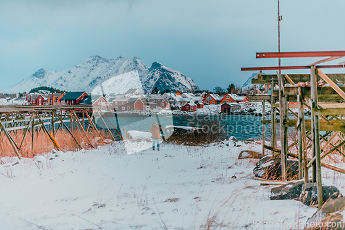 Image of Traditional Norwegian fisherman's cabins and boats