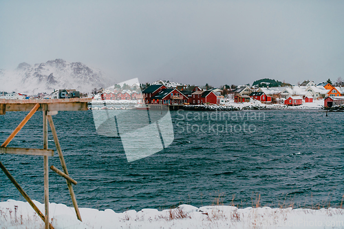 Image of Traditional Norwegian fisherman's cabins and boats