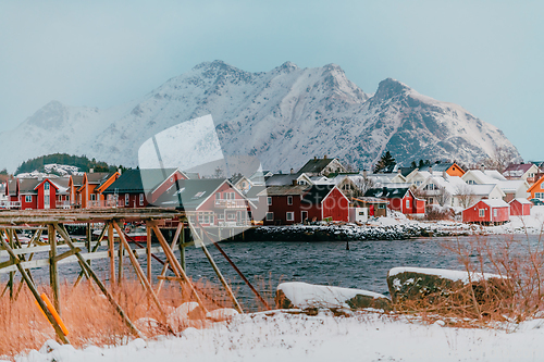 Image of Traditional Norwegian fisherman's cabins and boats