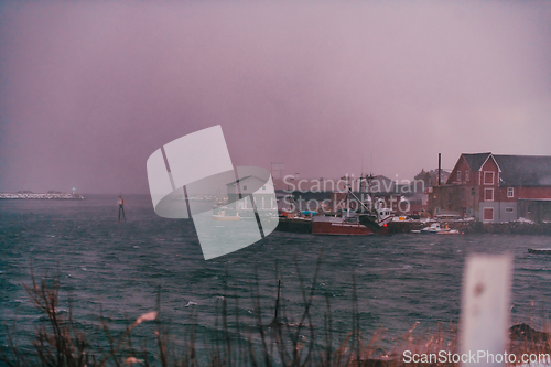 Image of Traditional Norwegian fisherman's cabins and boats