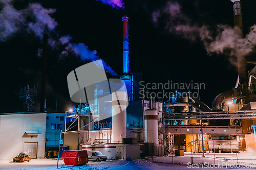 Image of Night photograph of the largest paper production industry in Scandinavia