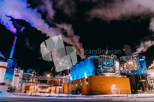 Image of Night photograph of the largest paper production industry in Scandinavia