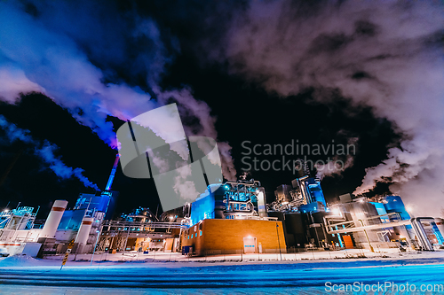 Image of Night photograph of the largest paper production industry in Scandinavia