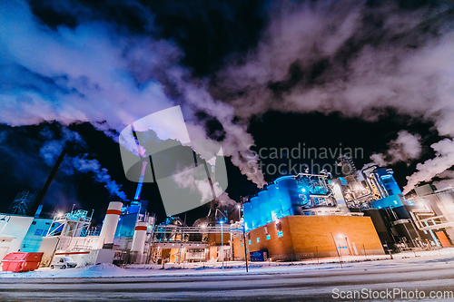 Image of Night photograph of the largest paper production industry in Scandinavia