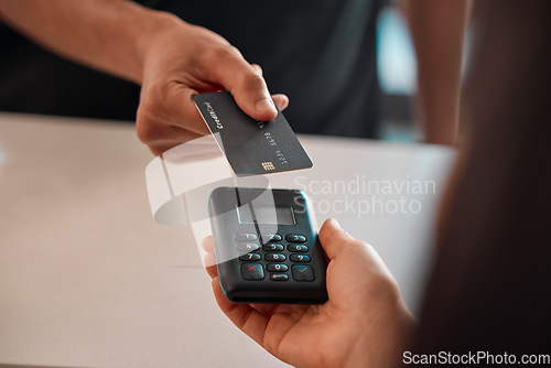 Image of Credit card, hands and payment machine for shopping, purchase or sales at shop. Fintech transaction, finance and man or customer with pos technology for buying, digital banking or paying in store.