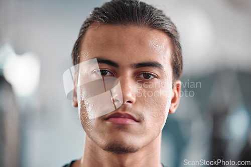 Image of Portrait, sweat and intensity with a sports man closeup in the gym for a cardio or endurance workout. Fitness, face and focus with a male athlete taking a break after health training for wellness