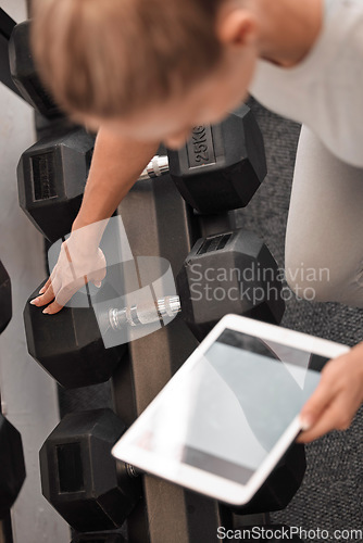 Image of Fitness, woman and tablet mockup for weightlifting tutorial, exercise or schedule workout and planning at the gym. Hands of active female with touchscreen display for online training with dumbbells