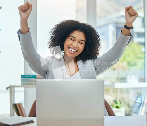 Image of Business woman, laptop and celebration success for financial bonus, achievement or investment growth target. Smile, happy and winner corporate worker with technology, cheering hands or banking profit