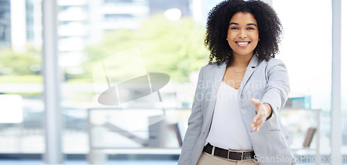 Image of Happy woman, business or handshake in job interview, hr recruitment or human resources introduction in corporate office space. Smile, collaboration or shaking hands in partnership with hiring manager