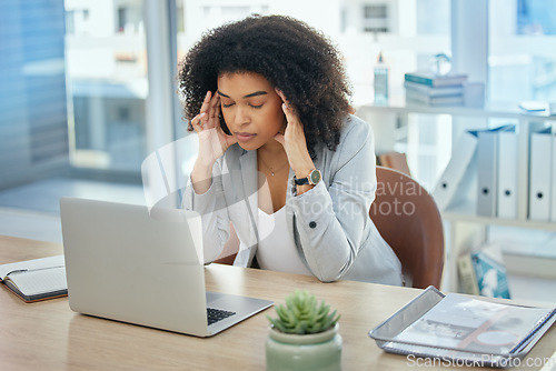 Image of Business woman, laptop or stress headache in financial planning failure, crisis or investment fraud. Frustration, annoyed or migraine for corporate worker on technology, finance scam or phishing risk