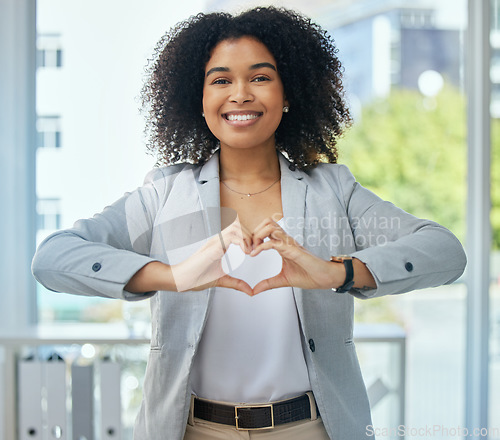 Image of Happy business woman, portrait and heart hands in customer care, client support or leadership trust. Smile, face or worker with love gesture, sign or emoji symbol for corporate wellness, vote or hope