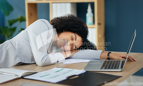 Image of Business woman, tired or sleeping on desk in financial accounting office in overworked, mental health nap or burnout crisis. Sleep, fatigue or exhausted corporate worker on table with finance laptop