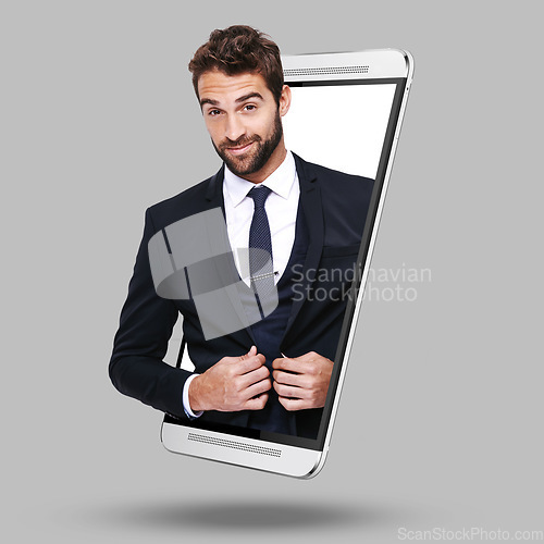 Image of Businessman, phone and screen on mockup for fashion, advertising or marketing against gray studio background. Portrait of corporate professional salesman smile with suit on mobile smartphone display