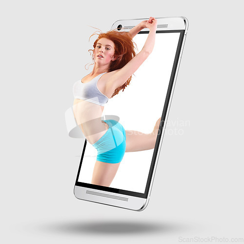 Image of Woman dancing, phone and screen on mockup for performance, advertising or marketing against studio background. Portrait of professional female broadway dancer or ballet on mobile smartphone display