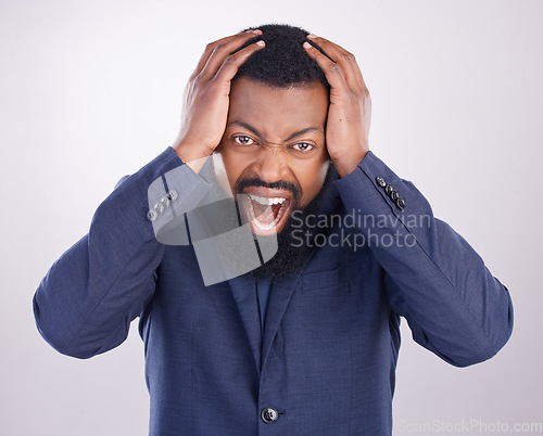 Image of Screaming, stress and angry black man shouting feeling frustrated isolated in a studio white background. Bad news, problem and crazy or aggressive businessman annoyed with hands on his head