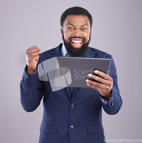 Image of Winning, tablet and black man isolated on gray background portrait for stock market, trading or business bonus or success. Yes, fist pump and person or winner, sales profit and digital tech in studio