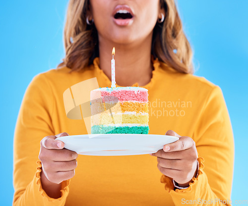 Image of Birthday cake, celebration and blowing a candle to celebrate a gift or present isolated in a studio blue background. Dessert, sweet and woman or person excited, happiness and happy for festive