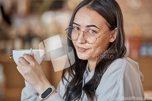 Image of Coffee, portrait smile and woman at cafe with delicious caffeine, espresso or cappuccino. Face glasses, tea and happy female relax while holding cup, drink or mug with beverage at shop or restaurant.