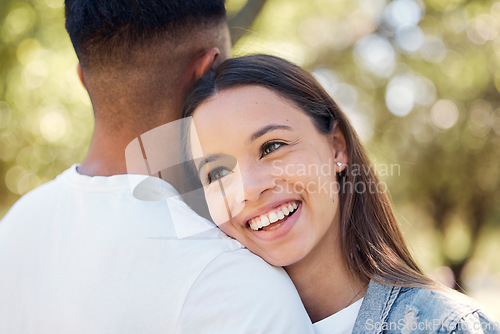 Image of Smile, hug and shoulder with couple in park for bonding, affectionate and free time. Happiness, romantic date and love with woman hugging man in nature for cuddling, summer break and relationship