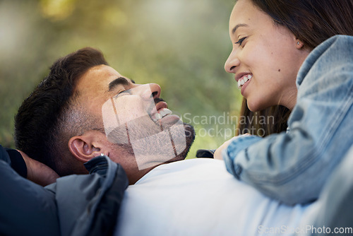 Image of Couple are happy together, smile and relax outdoor, love and care with trust in relationship and commitment. Happiness, support and freedom with man and woman, romance and partnership with bonding