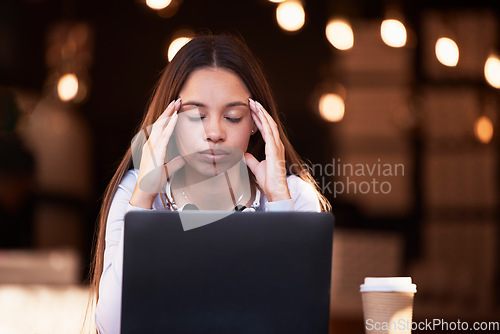 Image of Stress headache, laptop and cafe woman with burnout from university research, college project mistake or student report. Coffee shop, migraine pain and person with crisis problem at restaurant store