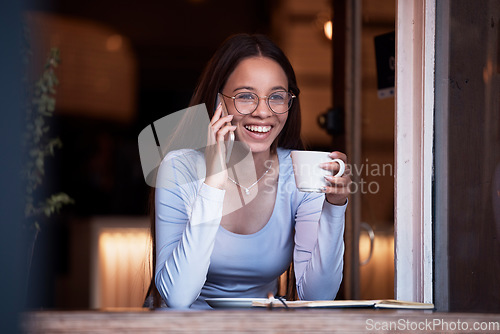 Image of Phone call communication, laugh and coffee shop woman listen to funny joke from digital contact. Comedy humor, conversation or happy person talking, speaking or chat in restaurant, shop or cafe store