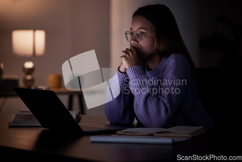 Image of Home laptop, thinking and night woman contemplating university studying research, college project or essay idea. Education learning, knowledge study and female student problem solving report crisis