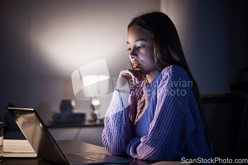 Image of Remote work laptop, thinking and night woman contemplating university studying research, college project or home idea. Education learning focus, problem solving study and female student reading data