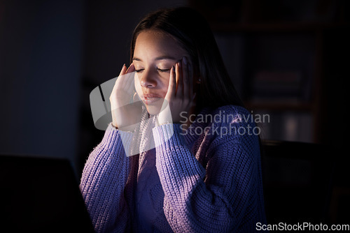 Image of Mental health, migraine headache and night woman with burnout from university research, college project or report. Education learning, female stress and home remote work student with crisis problem