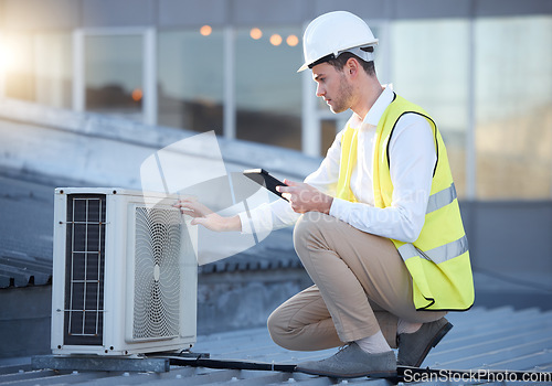 Image of Man, tablet and air conditioning maintenance on roof with tech, digital analysis and test. Technician, mobile touchscreen and urban rooftop for ac repair at building, industry or development in city