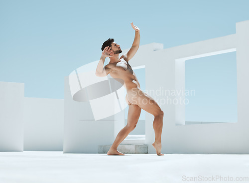 Image of Man model pose, naked statue and art deco frame of a male outdoor for fine and lgbt artwork. Architecture, open space and live greek statues with a person posing as homosexual figure for creativity