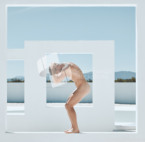 Image of Man, naked statue and art deco frame of a male in sun posing outdoor for fine and lgbt artwork. Architecture, nude and live greek statues with a person with power and homosexual figure for creativity