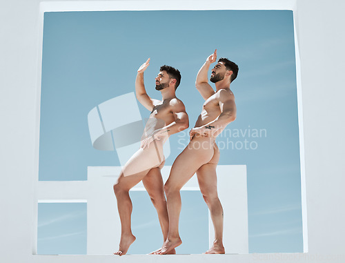 Image of Art, pose and naked men in blue sky, creative architecture and sun, muscle and male athletic lgbt body. Pride, power and gay couple posing as artistic Greek athlete statue, freedom in self expression