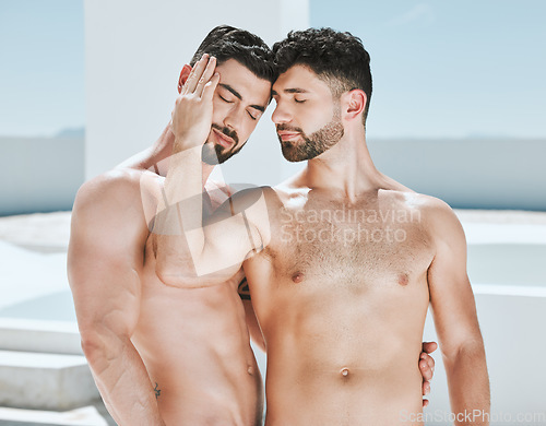 Image of Art, embrace and pride, topless men posing together in sun and art deco photography with lgbt love. Creative aesthetic, artistic passion and romance, gay couple with athletic body in romantic pose.