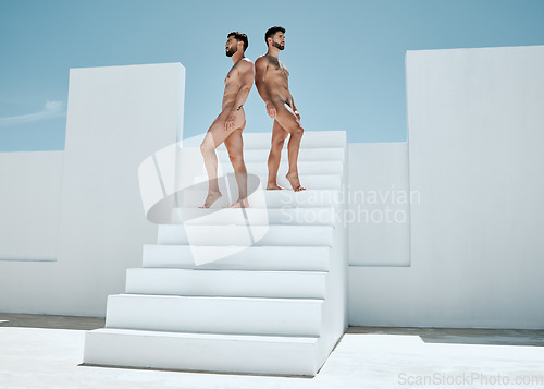 Image of Posing, artistic and men on stairs in the nude for creativity, modeling and sensuality. Standing, looking and macho naked guys on steps for art, creative expression and freedom in nudity together